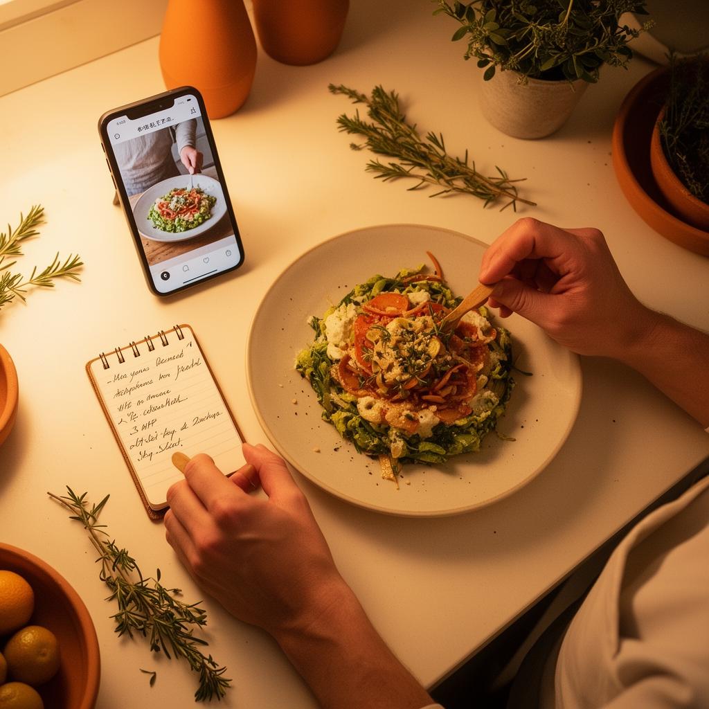 A cook writing notes in a small notebook beside a finished plate, with a phone propped up showing an earlier attempt.