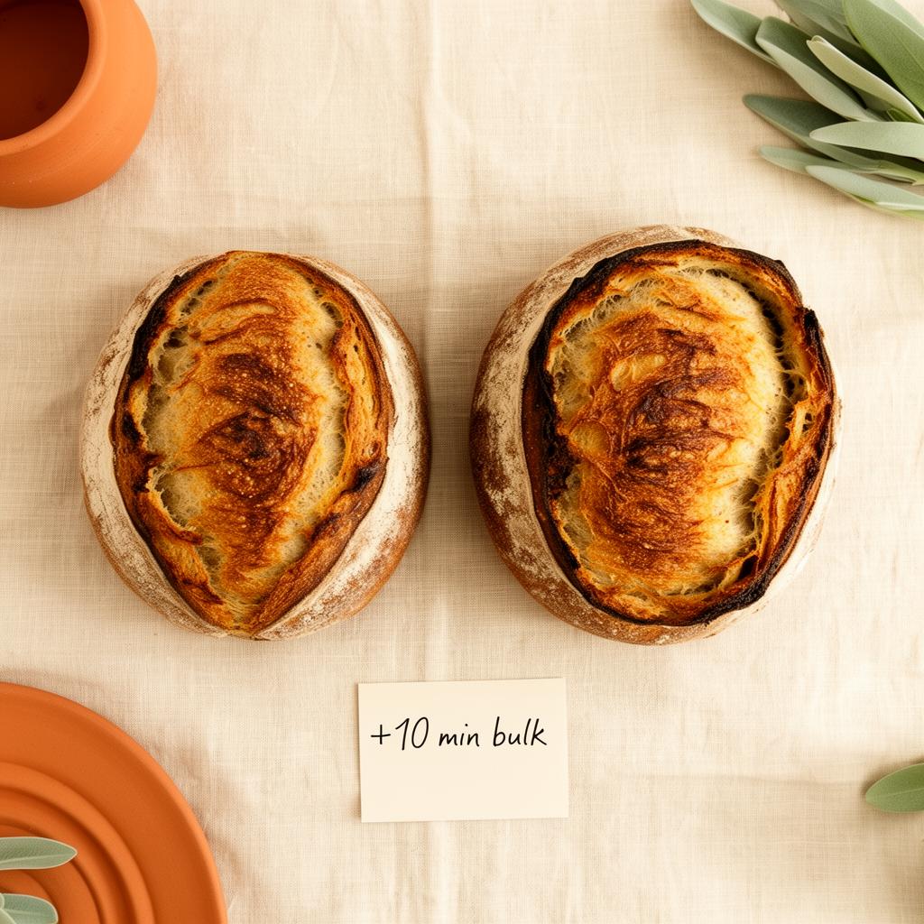 Two sourdough loaves side by side on a linen cloth — the right loaf with better oven spring — with a small note card reading +10 min bulk.