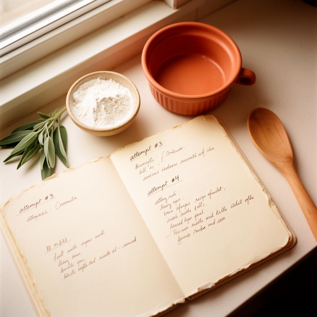 An open recipe notebook with handwritten attempts #3 and #4, beside a terracotta ramekin, a pinch bowl of flour, and a sprig of sage.
